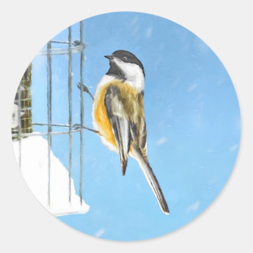 Chickadee on Feeder Painting _ Original Bird Art Classic Round Sticker