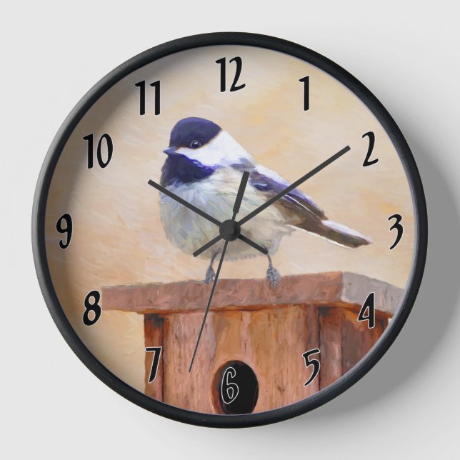 Chickadee on Feeder Painting - Original Bird Art Clock (Front)