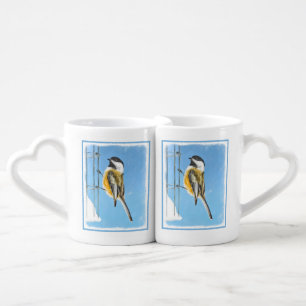 Chickadee on Feeder Painting - Original Bird Art Coffee Mug Set