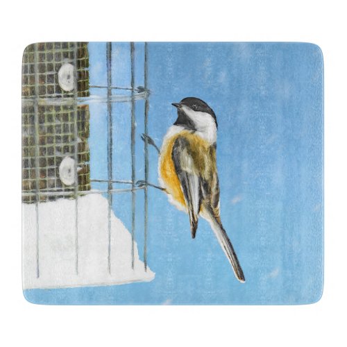 Chickadee on Feeder Painting _ Original Bird Art Cutting Board