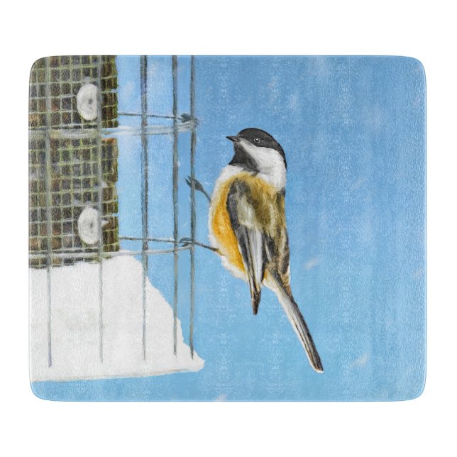 Chickadee on Feeder Painting - Original Bird Art Cutting Board (Front)
