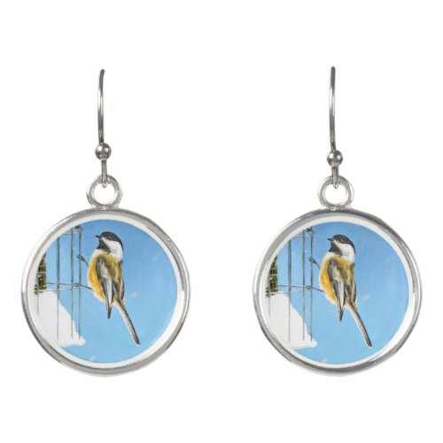 Chickadee on Feeder Painting _ Original Bird Art Earrings