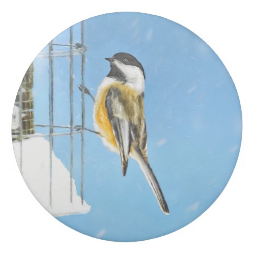 Chickadee on Feeder Painting _ Original Bird Art Eraser