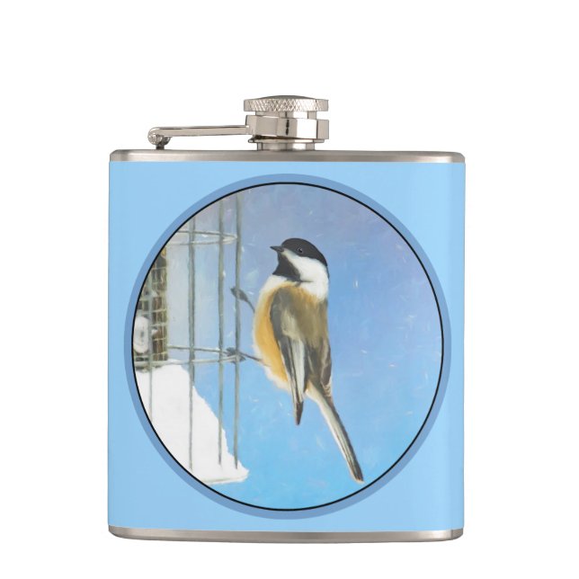Chickadee on Feeder Painting - Original Bird Art Flask (Front)