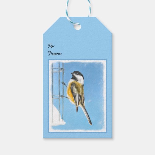 Chickadee on Feeder Painting _ Original Bird Art Gift Tags