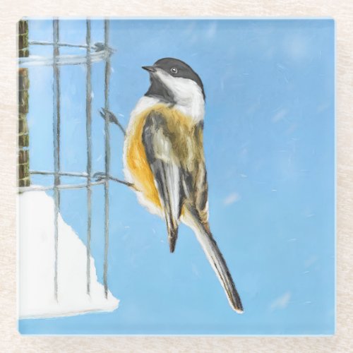 Chickadee on Feeder Painting _ Original Bird Art Glass Coaster