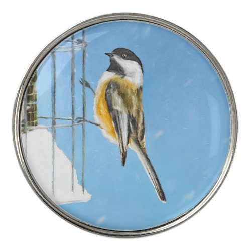 Chickadee on Feeder Painting _ Original Bird Art Golf Ball Marker