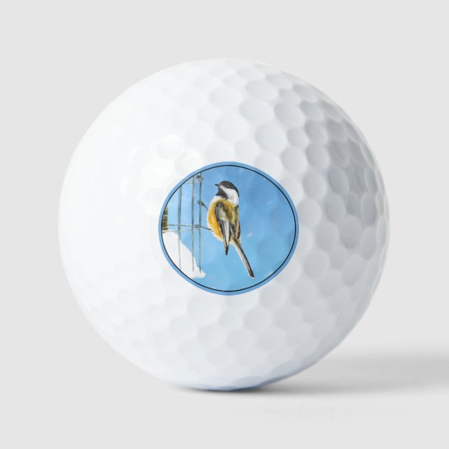Chickadee on Feeder Painting - Original Bird Art Golf Balls (Front)