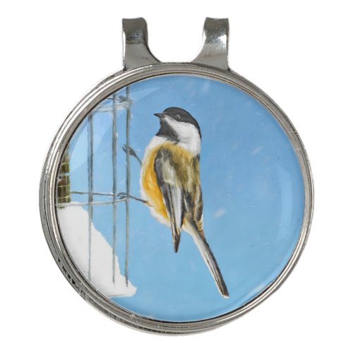 Chickadee on Feeder Painting _ Original Bird Art Golf Hat Clip