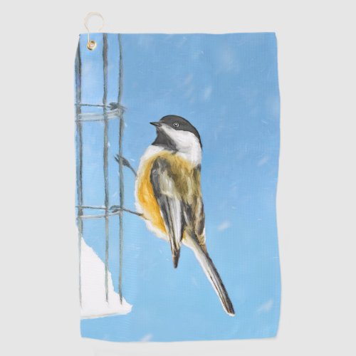 Chickadee on Feeder Painting _ Original Bird Art Golf Towel