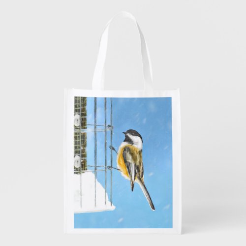 Chickadee on Feeder Painting _ Original Bird Art Grocery Bag