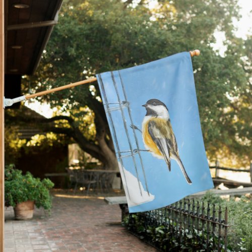 Chickadee on Feeder Painting _ Original Bird Art House Flag