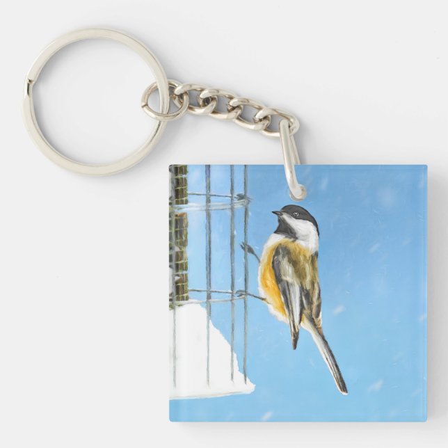 Chickadee on Feeder Painting - Original Bird Art Keychain (Front)