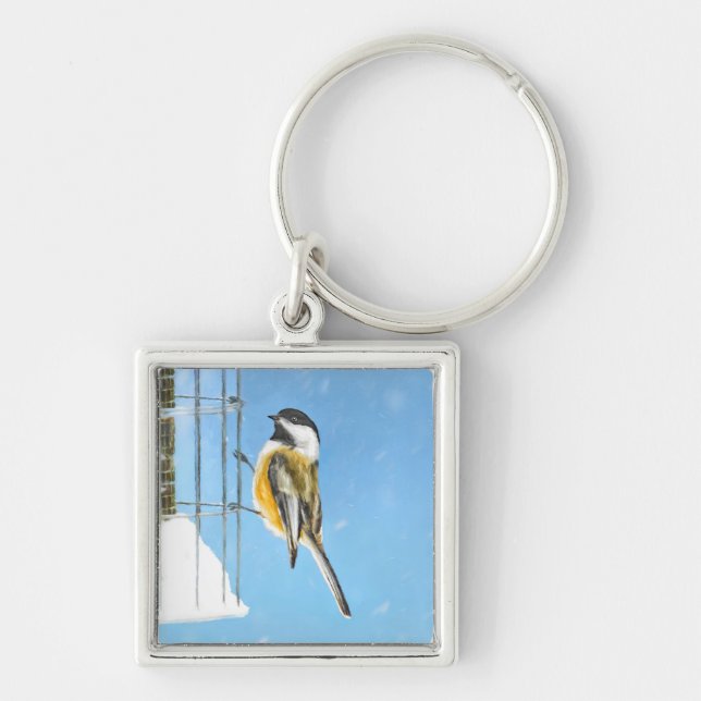 Chickadee on Feeder Painting - Original Bird Art Keychain (Front)