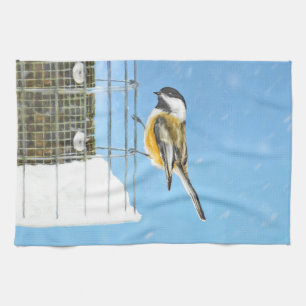 Chickadee on Feeder Painting - Original Bird Art Kitchen Towel