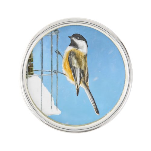 Chickadee on Feeder Painting _ Original Bird Art Lapel Pin