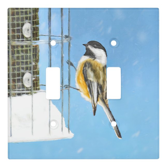 Chickadee on Feeder Painting - Original Bird Art Light Switch Cover (Front)