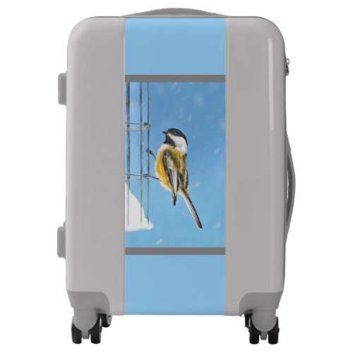 Chickadee on Feeder Painting _ Original Bird Art Luggage