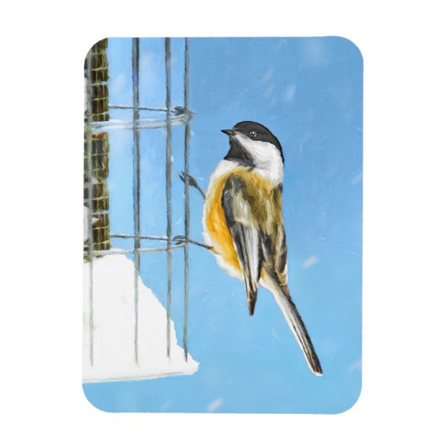 Chickadee on Feeder Painting - Original Bird Art Magnet (Vertical)
