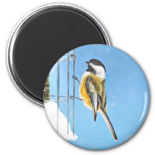 Chickadee on Feeder Painting _ Original Bird Art Magnet