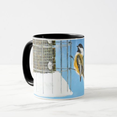 Chickadee on Feeder Painting _ Original Bird Art Mug