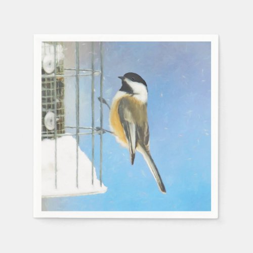 Chickadee on Feeder Painting _ Original Bird Art Napkins