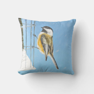 Chickadee on Feeder Painting - Original Bird Art Outdoor Pillow
