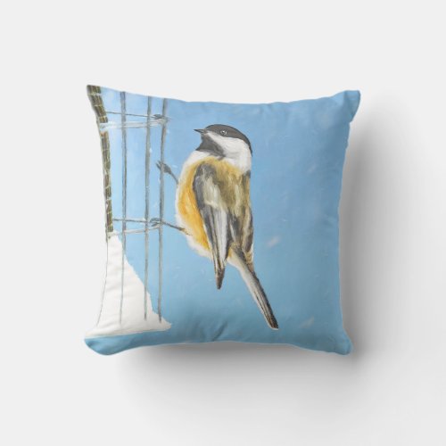 Chickadee on Feeder Painting _ Original Bird Art Outdoor Pillow