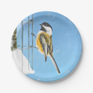 Chickadee on Feeder Painting - Original Bird Art Paper Plates