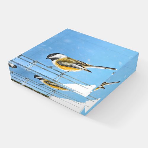 Chickadee on Feeder Painting _ Original Bird Art Paperweight