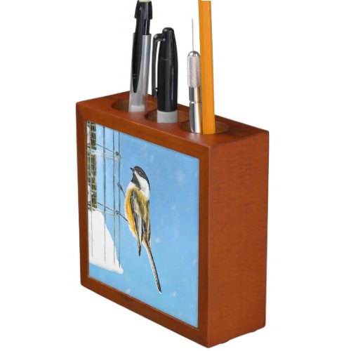 Chickadee on Feeder Painting _ Original Bird Art Pencil Holder