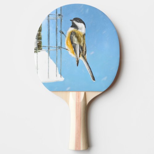 Chickadee on Feeder Painting _ Original Bird Art Ping Pong Paddle