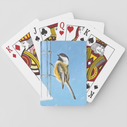 Chickadee on Feeder Painting _ Original Bird Art Playing Cards