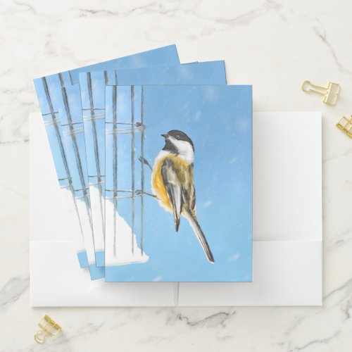 Chickadee on Feeder Painting _ Original Bird Art Pocket Folder