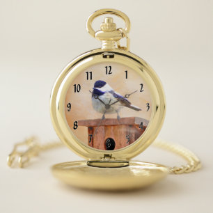 Chickadee on Feeder Painting - Original Bird Art Pocket Watch
