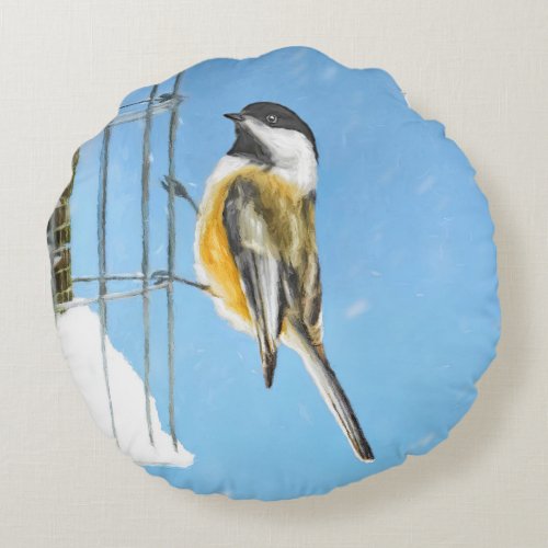 Chickadee on Feeder Painting _ Original Bird Art Round Pillow