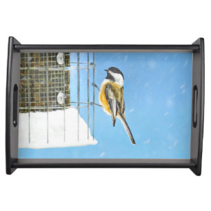 Chickadee on Feeder Painting - Original Bird Art Serving Tray