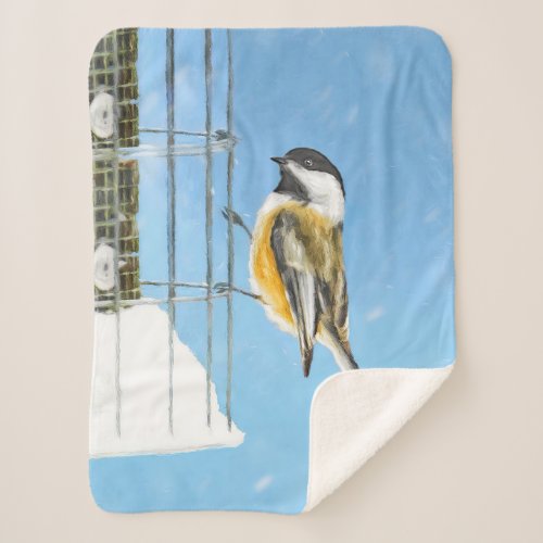Chickadee on Feeder Painting _ Original Bird Art Sherpa Blanket