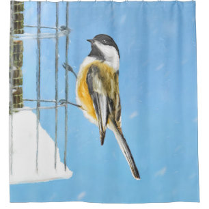Chickadee on Feeder Painting - Original Bird Art Shower Curtain
