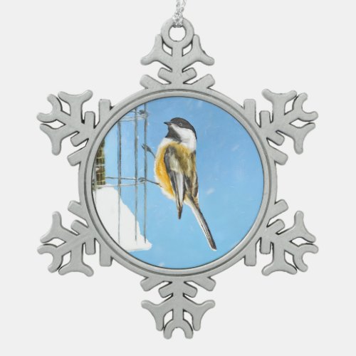 Chickadee on Feeder Painting _ Original Bird Art Snowflake Pewter Christmas Ornament
