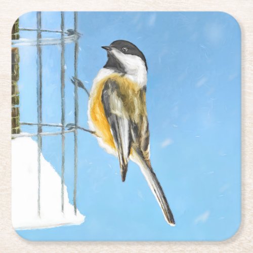 Chickadee on Feeder Painting _ Original Bird Art Square Paper Coaster