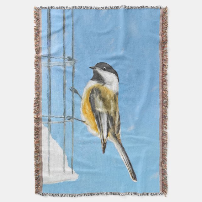 Chickadee on Feeder Painting - Original Bird Art Throw Blanket (Front Vertical)