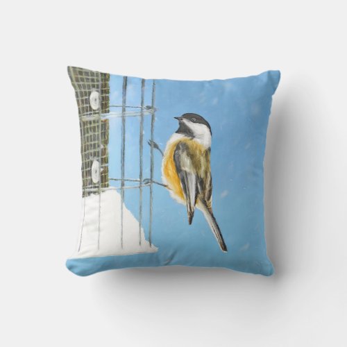 Chickadee on Feeder Painting _ Original Bird Art Throw Pillow