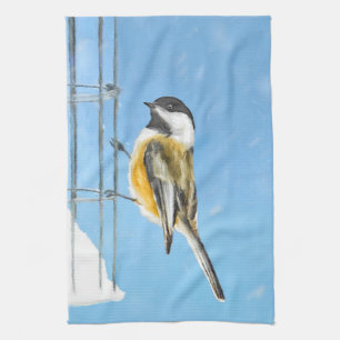 Chickadee on Feeder Painting - Original Bird Art Towel
