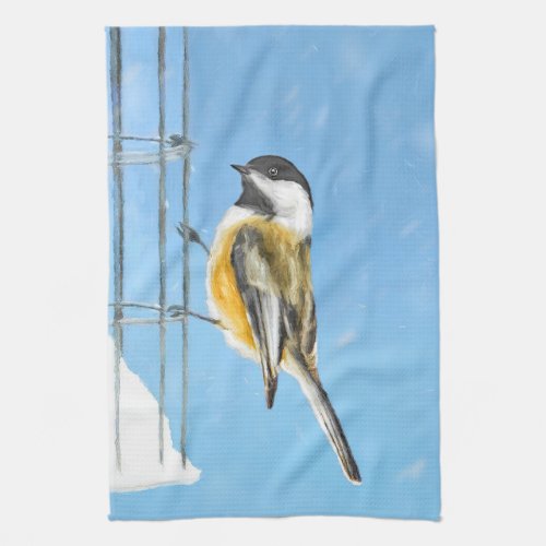 Chickadee on Feeder Painting _ Original Bird Art Towel