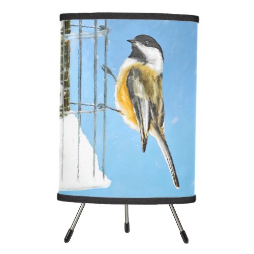 Chickadee on Feeder Painting _ Original Bird Art Tripod Lamp