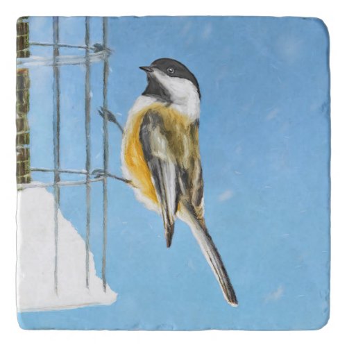 Chickadee on Feeder Painting _ Original Bird Art Trivet