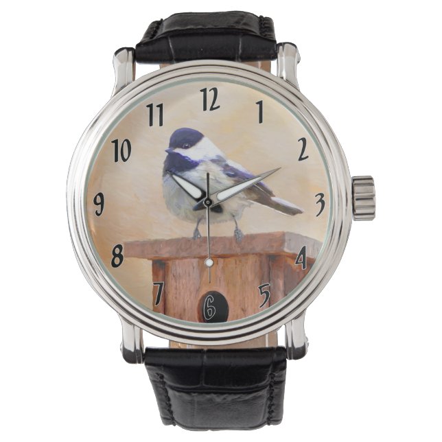 Chickadee on Feeder Painting - Original Bird Art Watch (Front)