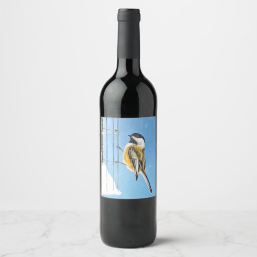 Chickadee on Feeder Painting _ Original Bird Art Wine Label