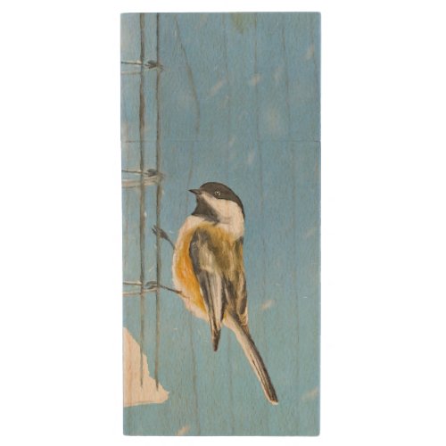 Chickadee on Feeder Painting _ Original Bird Art Wood Flash Drive